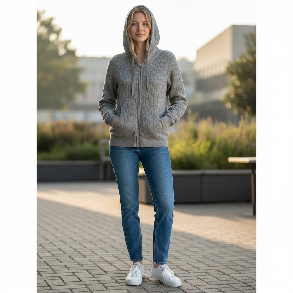 Hooked Up Gray Cable Knit Zip Up Hoodie Sweater Medium
